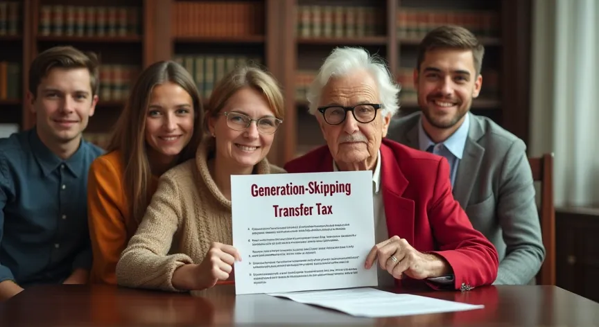 An elderly couple is sitting with their 4 children at a law office, they are holding up a document labeled 'Generation-Skipping Transfer Tax' printed in large dark red print.