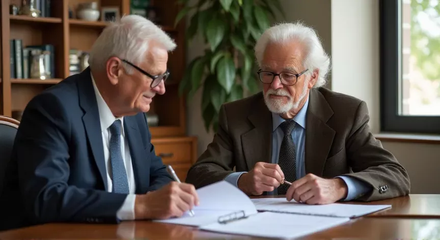 An elderly man sitting at a law office working on a California Will.