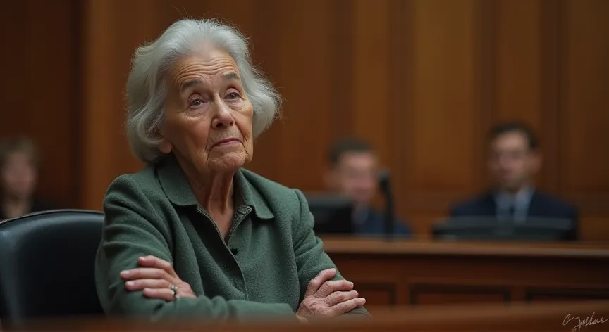 An elderly woman sitting in a court room looking confused on the witness stand.