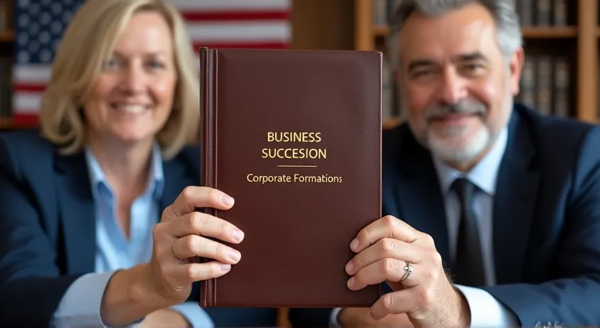 An middle aged couple are sitting with an attorney with an American flag in the background, they are holding up a leather binder labeled 'Business Succession - Corporate Formations' printed in gold foil.
