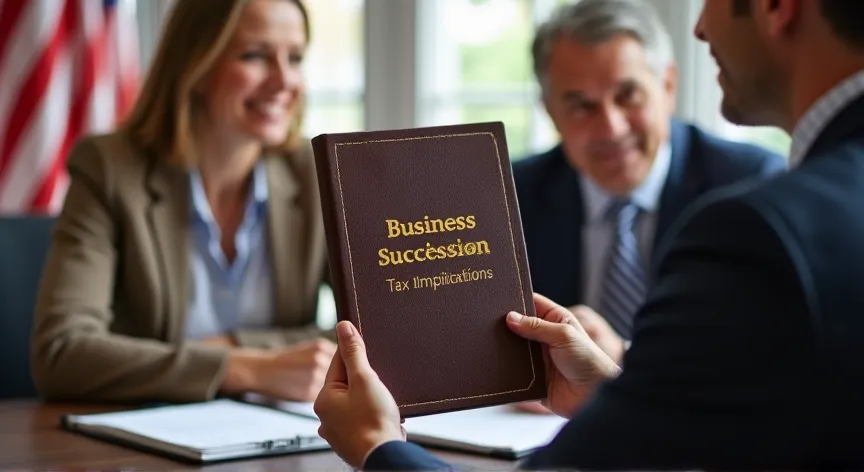 An middle aged couple are sitting with an attorney with an American flag in the background, they are holding up a leather binder labeled 'Business Succession - Tax Implications' printed in gold foil.