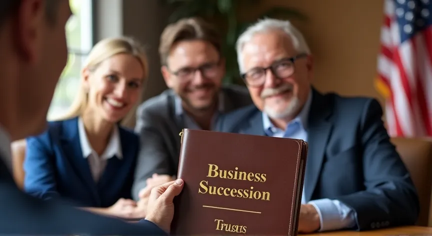 An middle aged couple are sitting with an attorney with an American flag in the background, they are holding up a leather binder labeled 'Business Succession - Trusts' printed in gold foil embossing.