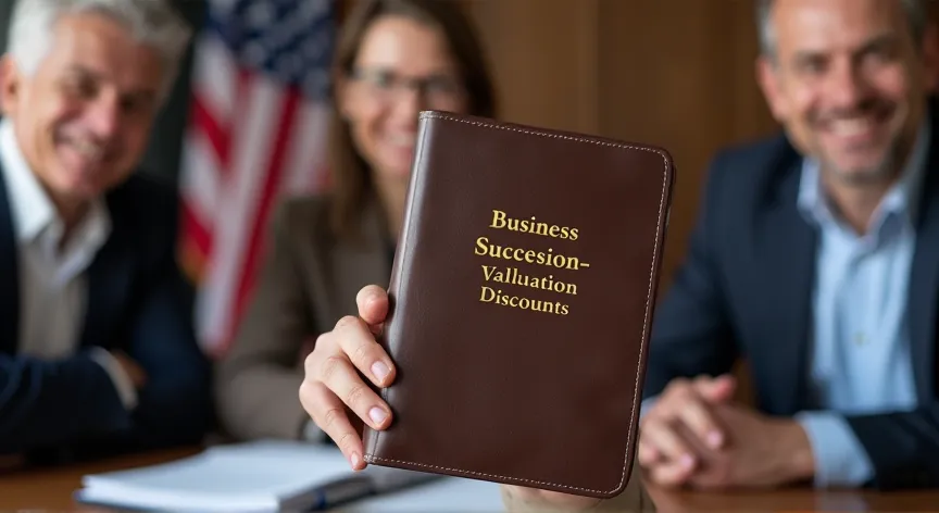 An middle aged couple are sitting with an attorney with an American flag in the background, they are holding up a leather binder labeled 'Business Succession - Valuation Discounts' printed in gold foil embossing.