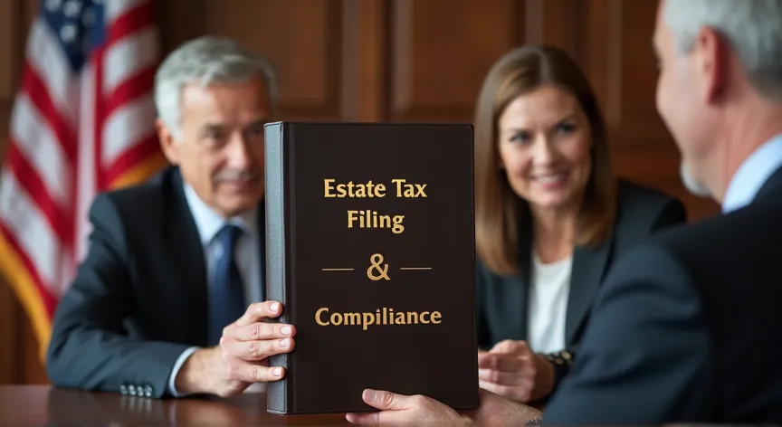 An middle aged couple are sitting with an attorney with an American flag in the background, they are holding up a leather binder labeled 'Estate Tax Filing & Compliance' printed in large gold foil embossing.