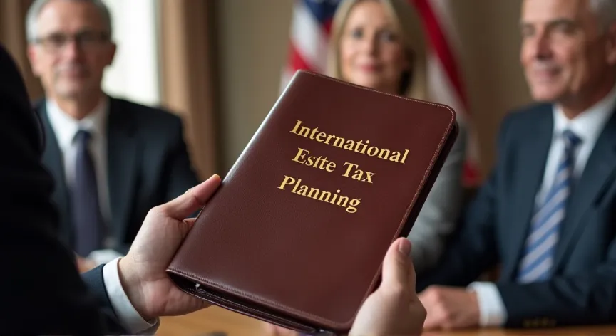 An middle aged couple are sitting with an attorney with an American flag in the background, they are holding up a leather binder labeled 'International Estate Tax Planning' printed in gold foil embossing.