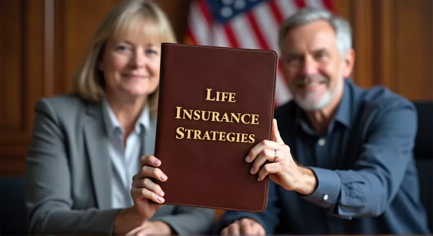 An middle aged couple are sitting with an attorney with an American flag in the background, they are holding up a leather binder labeled 'Life Insurance Strategies' printed in large gold foil embossing.