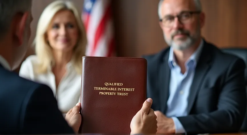 An middle aged couple are sitting with an attorney with an American flag in the background, they are holding up a leather binder labeled 'Qualified Terminable Interest Property Trust' printed in gold foil embossing
