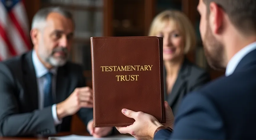 An middle aged couple are sitting with an attorney with an American flag in the background, they are holding up a leather binder labeled 'Testamentary Trust' printed in gold foil embossing print.