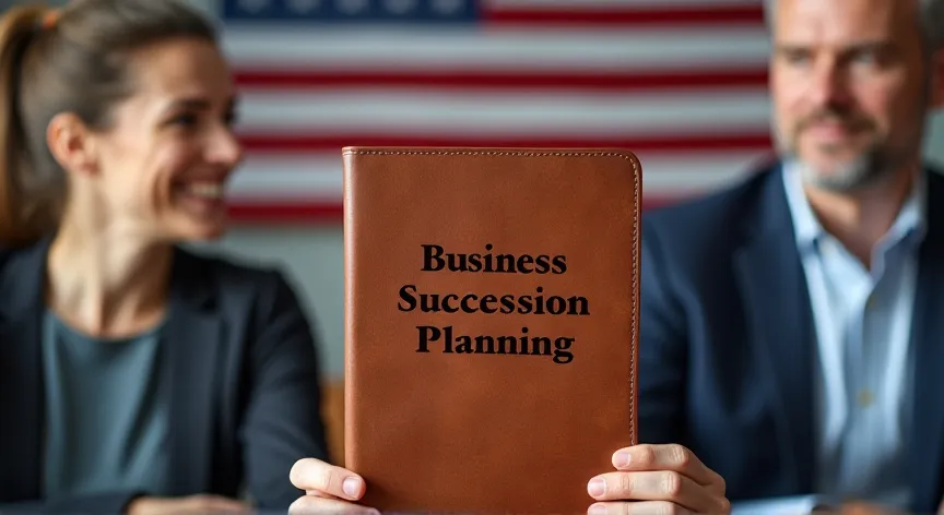 An middle aged couple are sitting with an attorney with an American flag in the background, they are holding up a leather binder labeled 'Business Succession Planning' printed in large print.