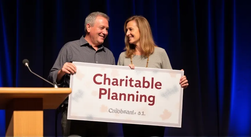 An middle aged couple is standing on a stage, they are holding up a large check labeled 'Charitable Planning' printed in large bold print.