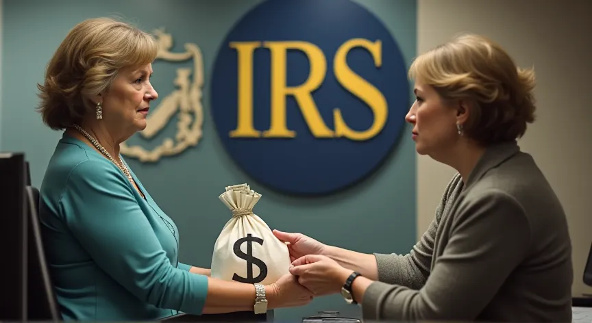 An upset middle aged woman is standing at a teller, behind the teller is a large federal logo, 'IRS' she is handing over a bag of money with a large '$' printed on the linen bag.