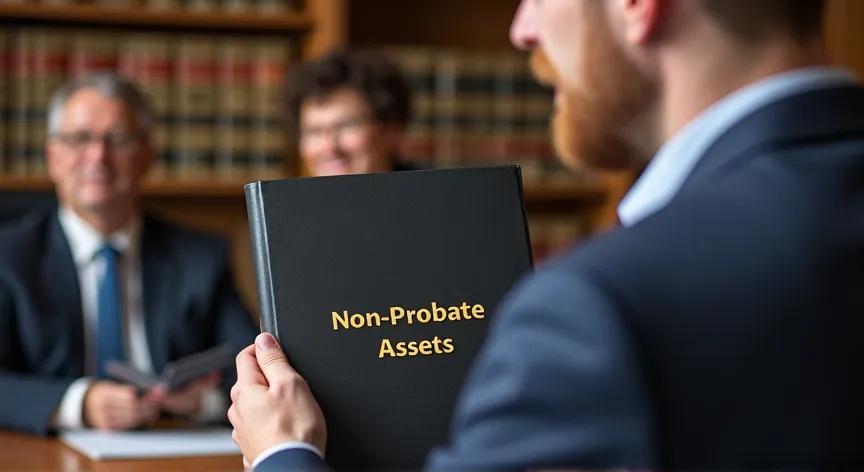 People sitting with an attorney in a law firm office, next to the law books, the attorney is holding a binder with the words 'non probate assets' embossed in gold foil.