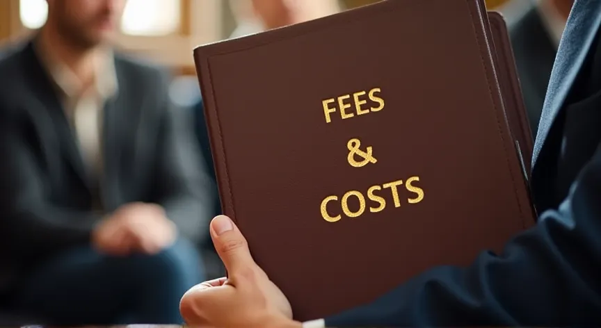 People sitting with an attorney in probate court, the attorney is holding a brown binder with the words 'fees & costs' embossed in gold foil.