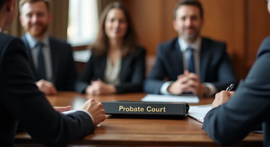 People sitting with an attorney in probate court, the attorney is holding a binder with the words 'probate court' embossed in gold foil.