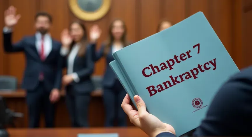 People standing with their rights hand up swearing to the judge sitting there is a person holding a light blue folder up with the words 'chapter 7 bankruptcy' printed in dark red print