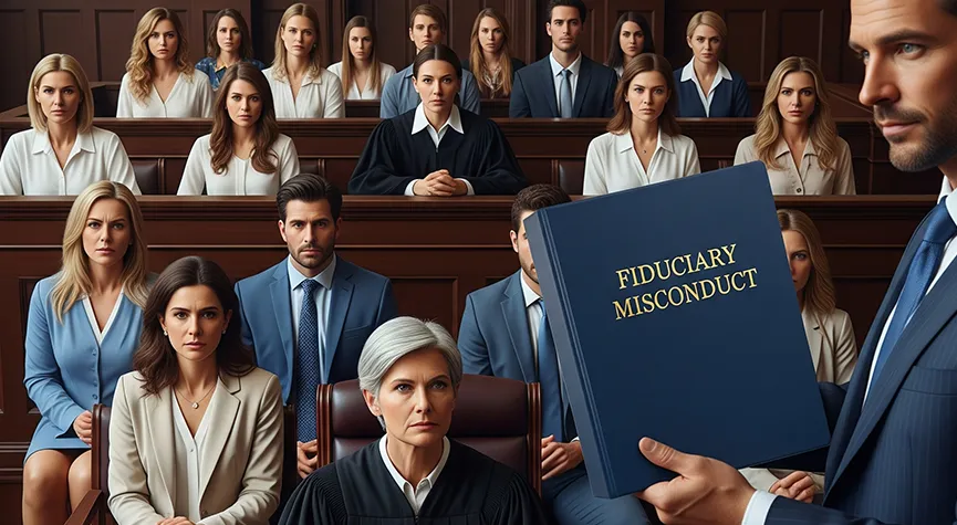 Several adults are upset sitting in a court room with the judge sitting at the front, the attorney is holding up a binder that reads 'fiduciary misconduct' in gold foil.