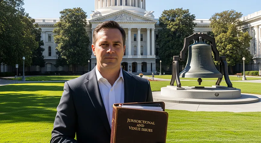 The capitol building in Sacramento, with lush lawns and a bell in the court yard, there is an attorney holding a leather bound binder with the words 'jurisdictional and venue issues' embossed in foil print.