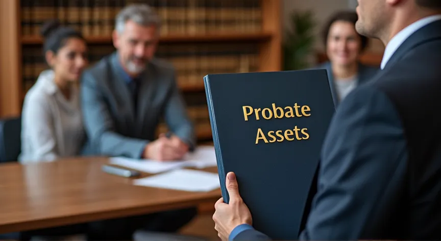 Three adults sitting with an attorney in a law firm office, next to the law books, the attorney is holding a binder with the words 'probate assets' embossed in gold foil print.