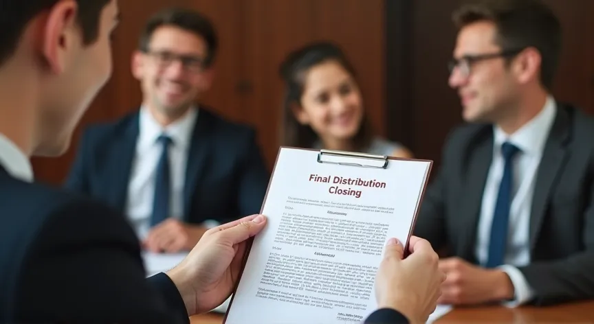 Three siblings are sitting in a law firm, the attorney is holding up a document that reads 'final distribution and closing' in dark red print