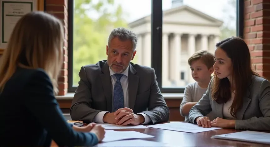 Two Concerned adults with children working to ensure their codicils are recorded correctly in their estate plan. they are sitting with an attorney in a law office with the courthouse visible from the window.