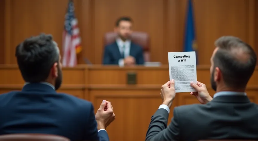 Two adults are angry in protest sitting in a court room with the judge sitting at the front, the attorney is holding up a pamphlet that reads 'contesting a will' in bold print.