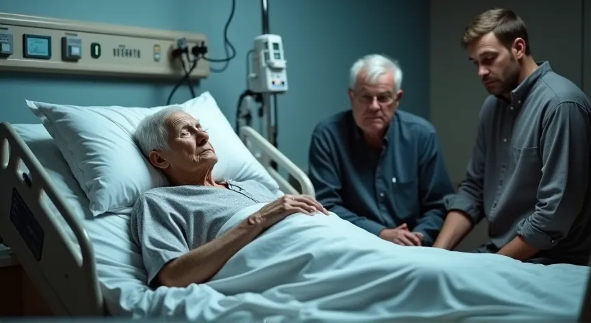 Unconscious elderly lady in a hospital bed with on a respirator, sad elderly man sitting next to her with two younger men standing on the other side of the bed.