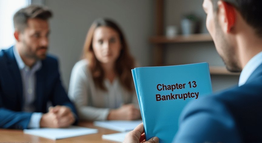 A frustrated couple sitting with at attorney, there is a person holding a blue manila folder up with the words 'chapter 13 bankruptcy' printed in dark red print with a fancy law logo.