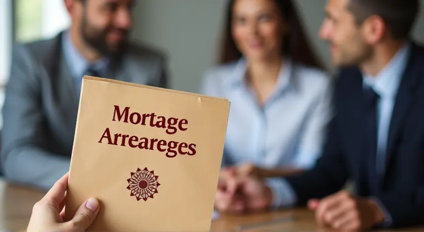 A married couple sitting with at attorney, there is a person holding a blue manila folder up with the words 'mortgage arrearages' printed in dark red print with a fancy logo.