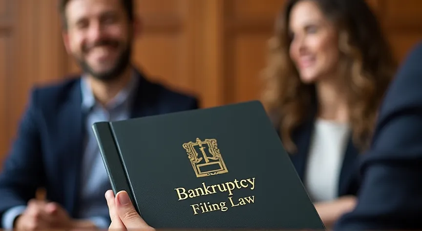 A young couple are sitting with an attorney in probate court, the attorney is holding a binder with a fancy logo and the words 'bankruptcy filing law' embossed in gold foil.