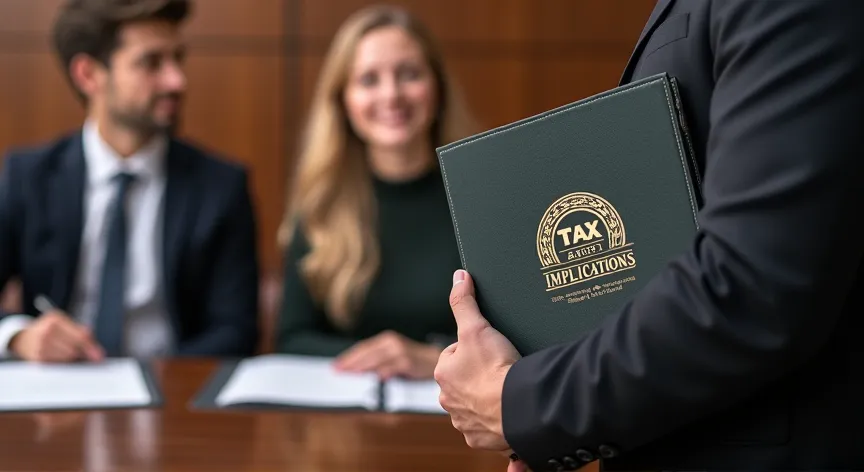 A young couple are sitting with an attorney in probate court, the attorney is holding a binder with a fancy logo and the words 'tax implications' embossed in gold foil.