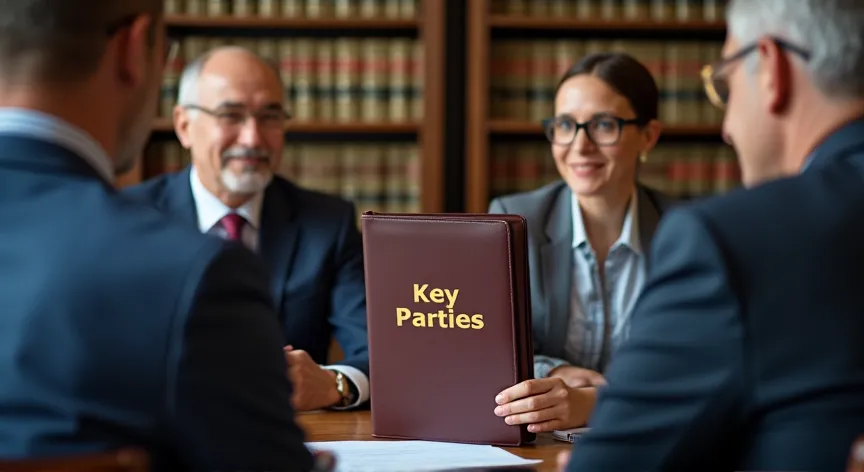 Adults sitting with an attorney in a law firm office, next to the law books, the attorney is holding a binder with the words 'key parties' embossed in gold foil.