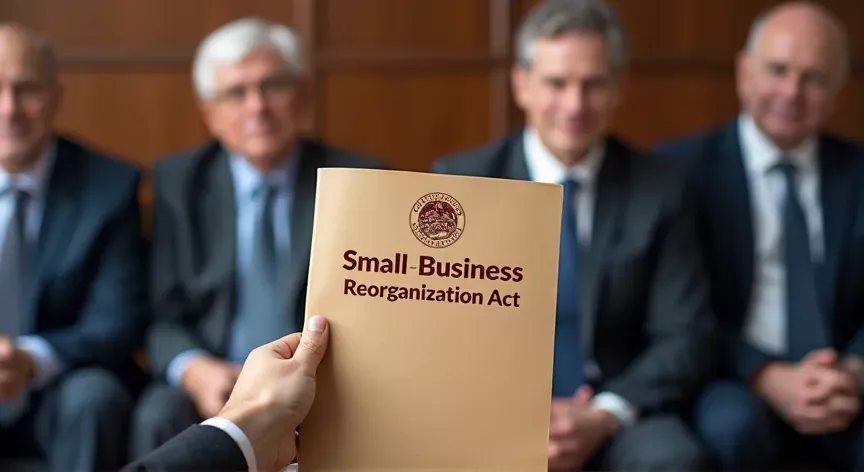 Four middle aged men sitting with an attorney, there is a person holding a manila folder up with the words 'small business reorganization act' printed in dark red print with a fancy logo