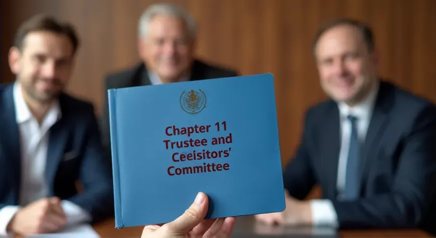 Men sitting with an attorney, there is a person holding a blue manila folder up with the words 'chapter 11 trustee and creditors' committee'' printed in dark red print with a fancy logo
