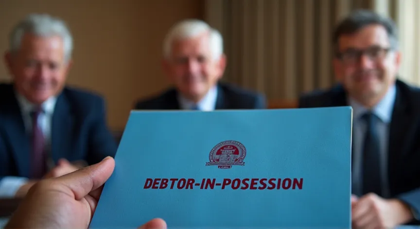 Men sitting with an attorney, there is a person holding a manila folder up with the words 'debtor in possession' printed in dark red print