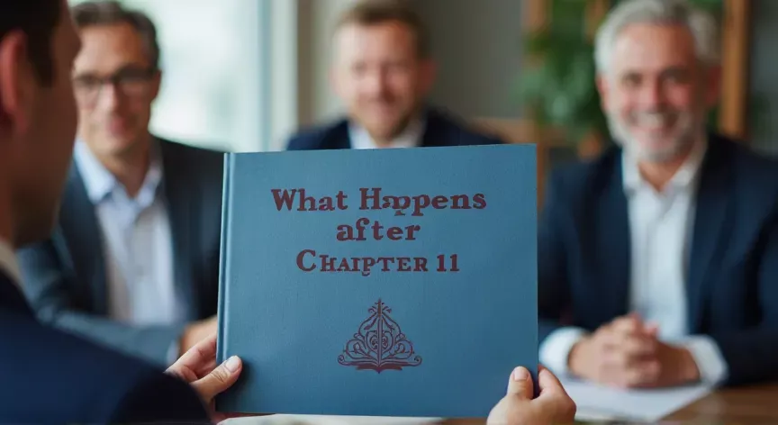 Middle aged men sitting with an attorney, there is a person holding a blue manila folder up with the words 'what happens after chapter 11' printed in dark red print with a fancy logo