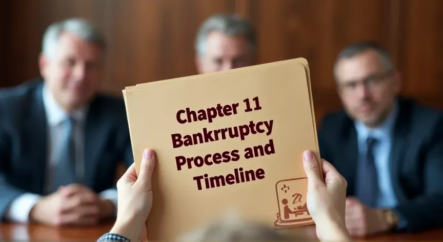 Middle aged men sitting with an attorney, there is a person holding a manila folder up with the words 'chapter 11 bankruptcy process and timeline' printed in dark red print with a fancy logo