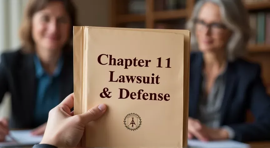Middle aged women sitting with an attorney, there is a person holding a manila folder up with the words 'chapter 11 lawsuit & defense' printed in dark red print with a fancy logo.