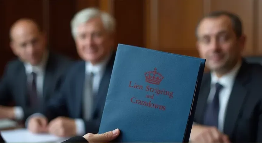Three middle aged men sitting with an attorney, there is a person holding a blue manila folder up with the words 'lien stripping and cramdowns' printed in dark red print with a fancy logo