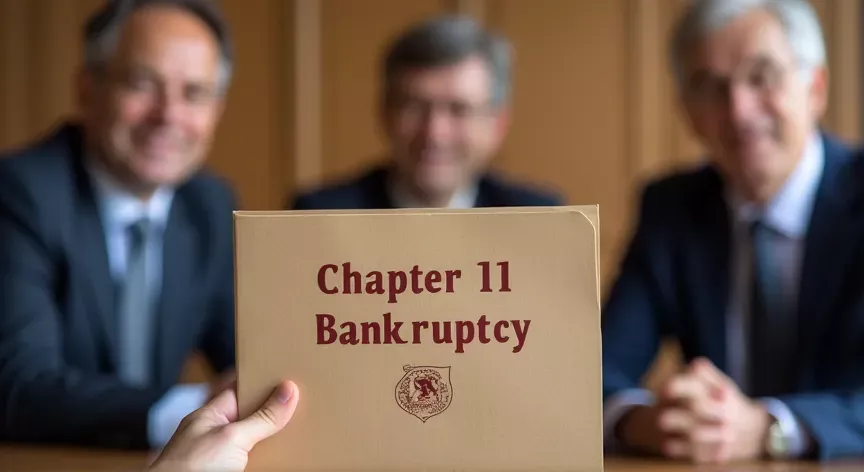 Two men sitting with an attorney, there is a person holding a manila folder up with the words 'chapter 11 for individuals' printed in dark red print with a fancy logo.