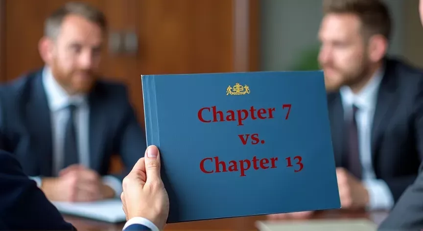 Two men sitting with at attorney, there is a person holding a blue manila folder up with the words 'chapter 7 vs. chapter 13' printed in dark red print with a fancy logo.