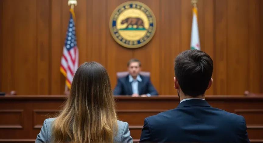 a couple is sitting in a court room the view is from over their shoulders a judge is sitting with a gavel in hand with the ca superior court crest is hanging on the wall with flags on either side