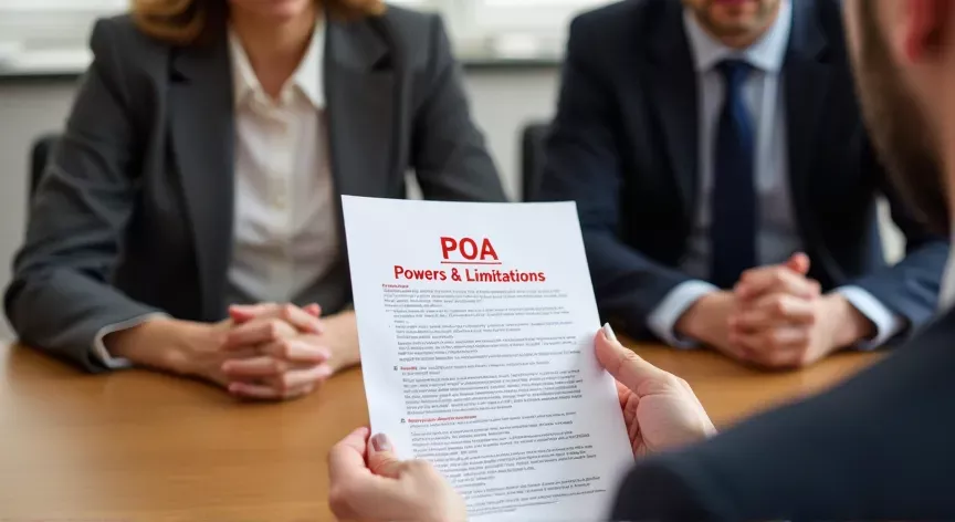 A couple sitting with an attorney in a law office, He is handing her a sheet of paper, on the document is labeled 'POA - Powers & Limitations' in bold Red ink.