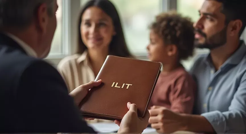 A family is sitting with an attorney, the couple are holding up a brown leather binder with the words 'ILIT' Embossed.