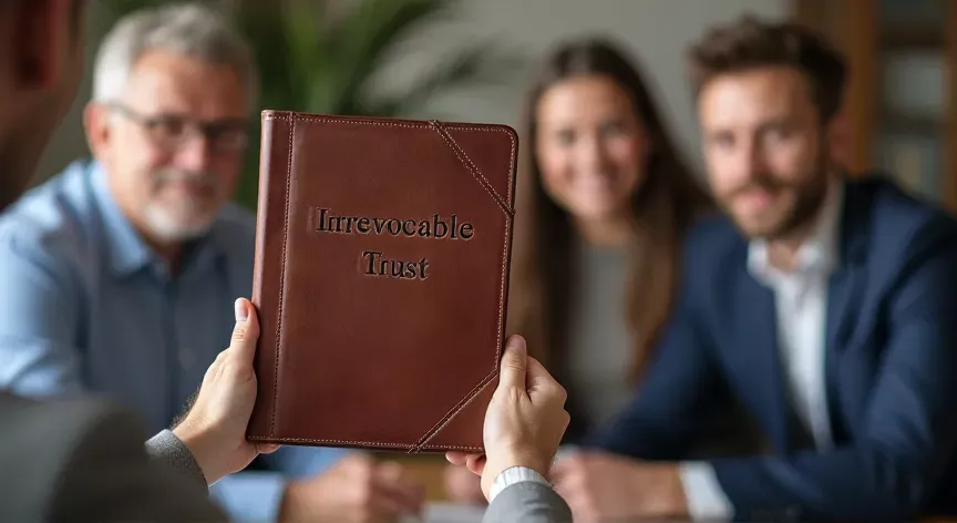 A family is sitting with an attorney, the couple are holding up a brown leather binder with the words 'Irrevocable Trust' embossed.