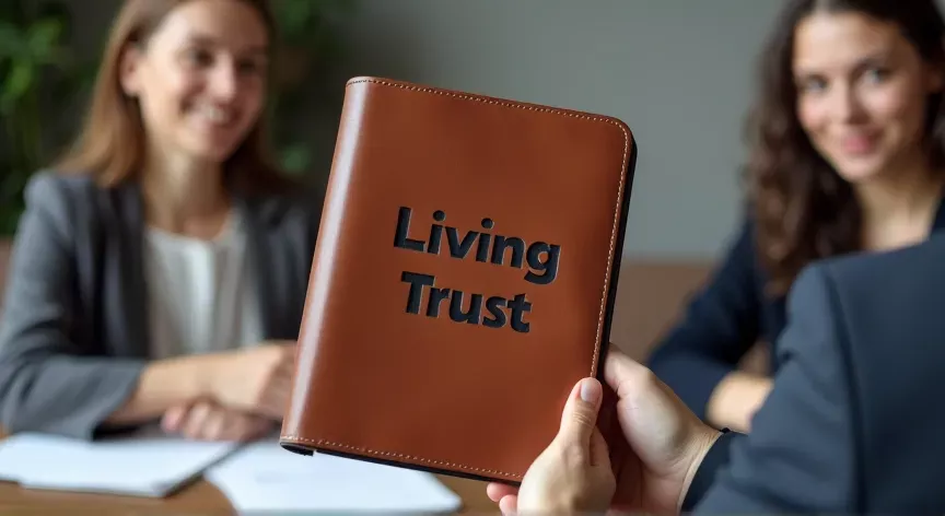 A family is sitting with an attorney, the couple are holding up a brown leather binder with the words 'Living Trust' embossed in dark black.