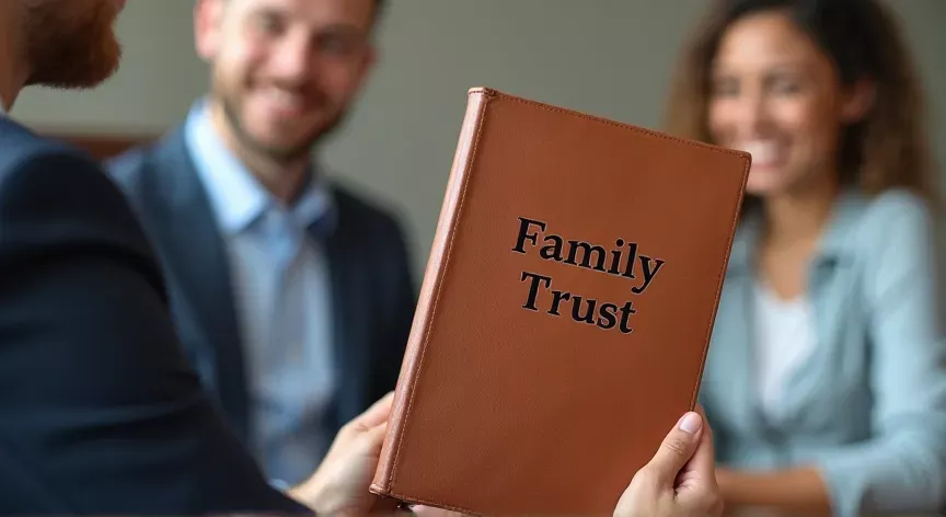 A happy family is sitting with an attorney, the couple are holding up a brown leather binder with the words 'Family Trust' embossed.