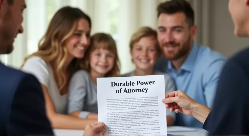 A married couple and a child is sitting with an attorney, the couple are holding up a a sheet of paper, on the document is labeled Durable Power of Attorney' in large bold print.