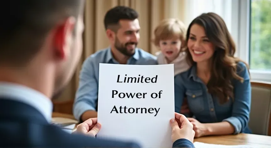 A married couple and a child is sitting with an attorney, the couple are holding up a a sheet of paper, on the document is labeled 'Limited Power of Attorney' in large bold print