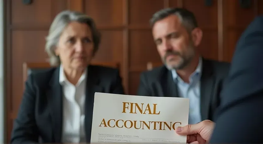 An upset middle aged couple are sitting in a law firm, the attorney is holding up a document that reads 'final accounting' in gold foil print
