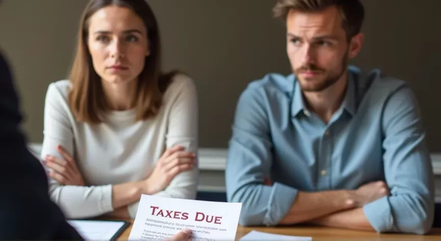 A very upset young couple with arms crossed are meeting with a lawyer to finalize estate planning documents paying off debts, with a paper displaying 'TAXES DUE' in red print.
